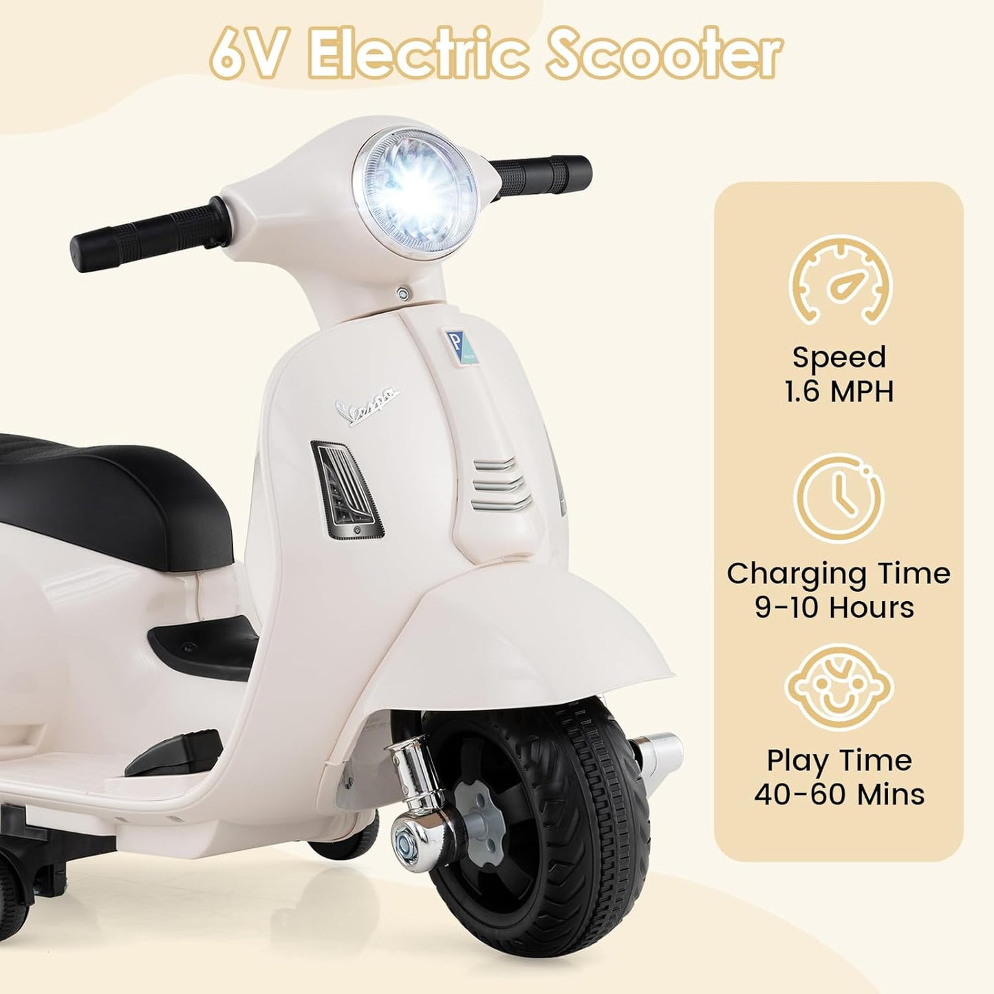 Licensed Vespa Scooter Kids Motorcycle by OLAKIDS, 6V Ride on Electric Motorcycle with Training Wheels, Headlight, Battery Powered 3 Wheels Toy Gift with LED Headlight Horn for Boys Girls (White)