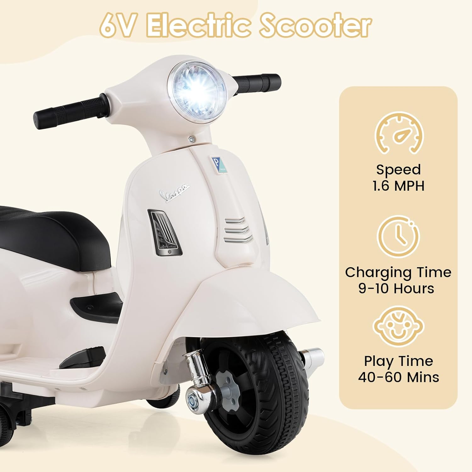 Licensed Vespa Scooter Kids Motorcycle by OLAKIDS, 6V Ride on Electric Motorcycle with Training Wheels, Headlight, Battery Powered 3 Wheels Toy Gift with LED Headlight Horn for Boys Girls (White)