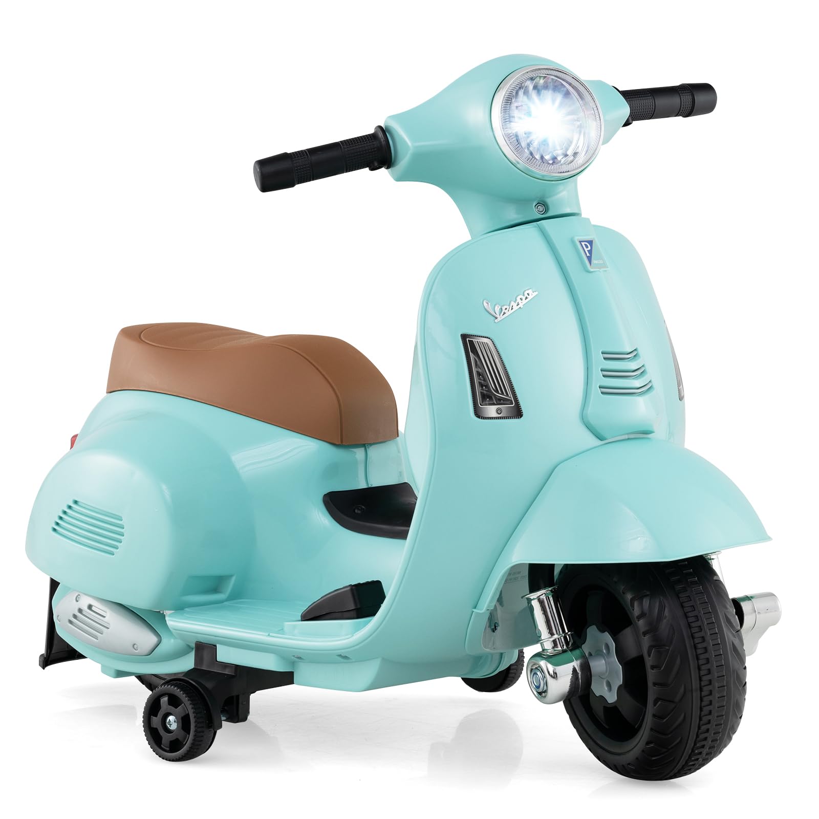 Licensed Vespa Scooter Kids Motorcycle by OLAKIDS, 6V Ride on Electric Motorcycle with Training Wheels, Headlight, Battery Powered 3 Wheels Toy Gift with LED Headlight Horn for Boys Girls (White)