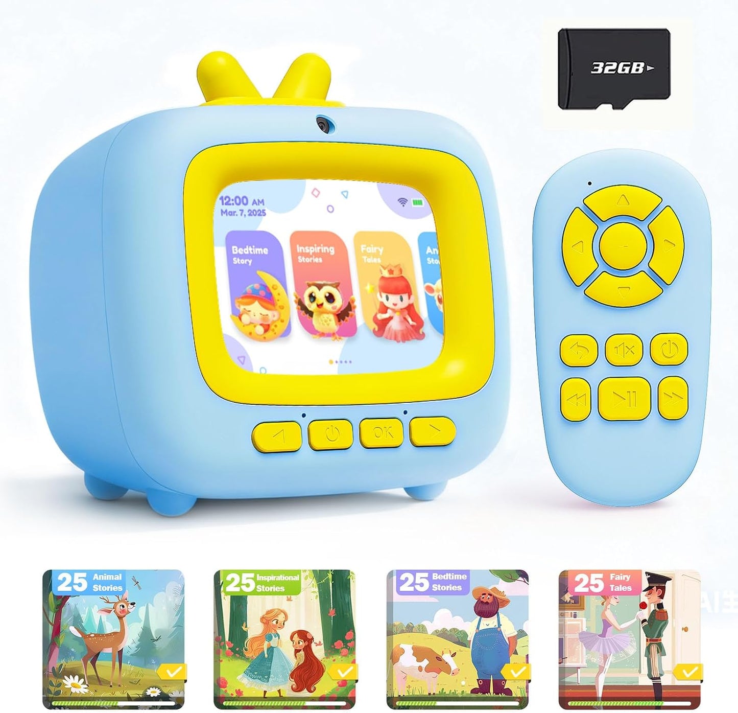 Kids TV Toy with Video Player & 100+ Stories – Toddler Story Machine for 3-8 Year Old Boys Girls, Music Player, Alarm Clock, Games, Christmas Birthday Gift for Kids (Blue)