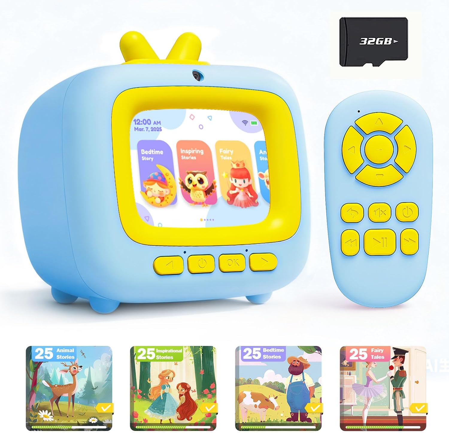 Kids TV Toy with Video Player & 100+ Stories – Toddler Story Machine for 3-8 Year Old Boys Girls, Music Player, Alarm Clock, Games, Christmas Birthday Gift for Kids (Blue)