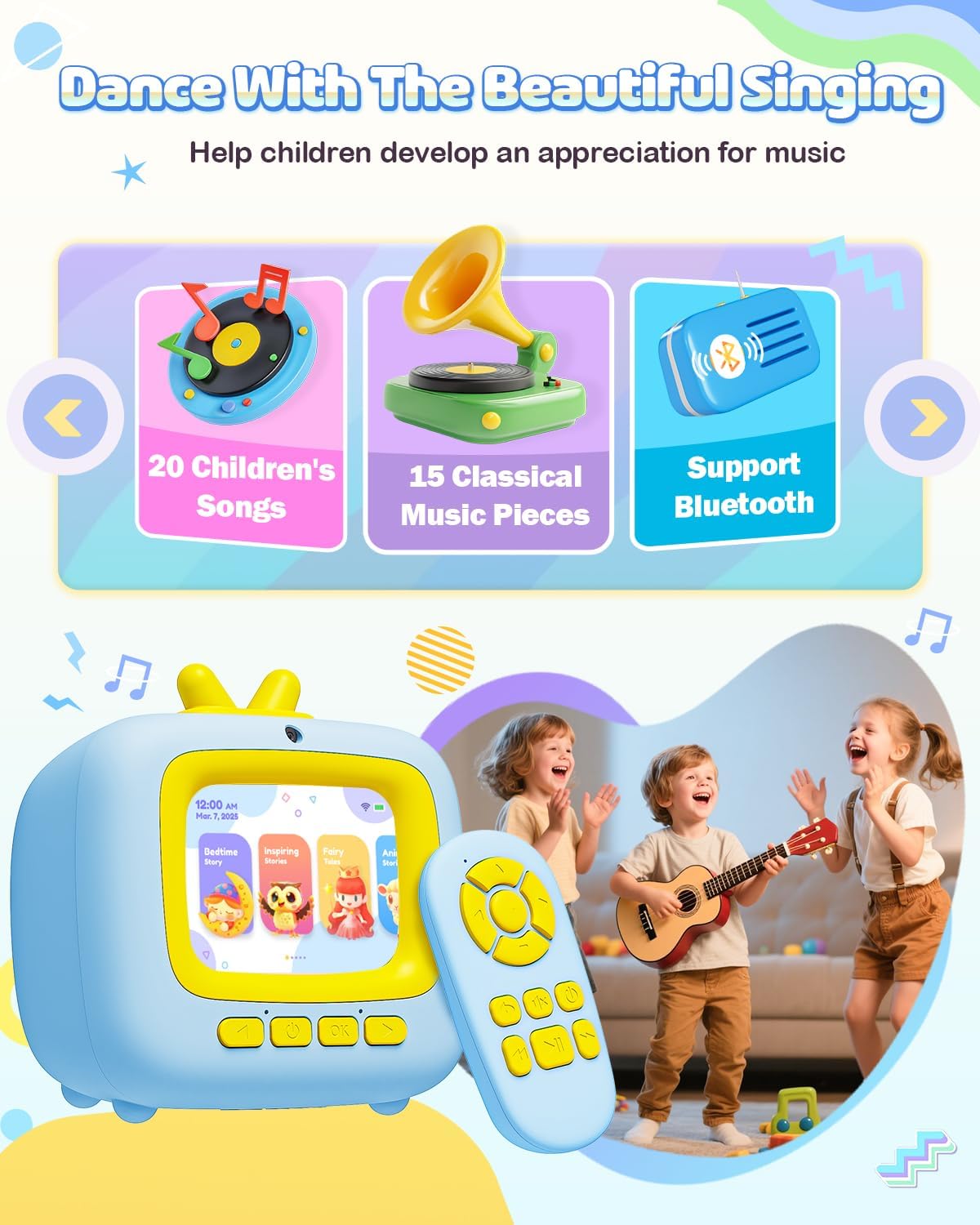 Kids TV Toy with Video Player & 100+ Stories – Toddler Story Machine for 3-8 Year Old Boys Girls, Music Player, Alarm Clock, Games, Christmas Birthday Gift for Kids (Blue)