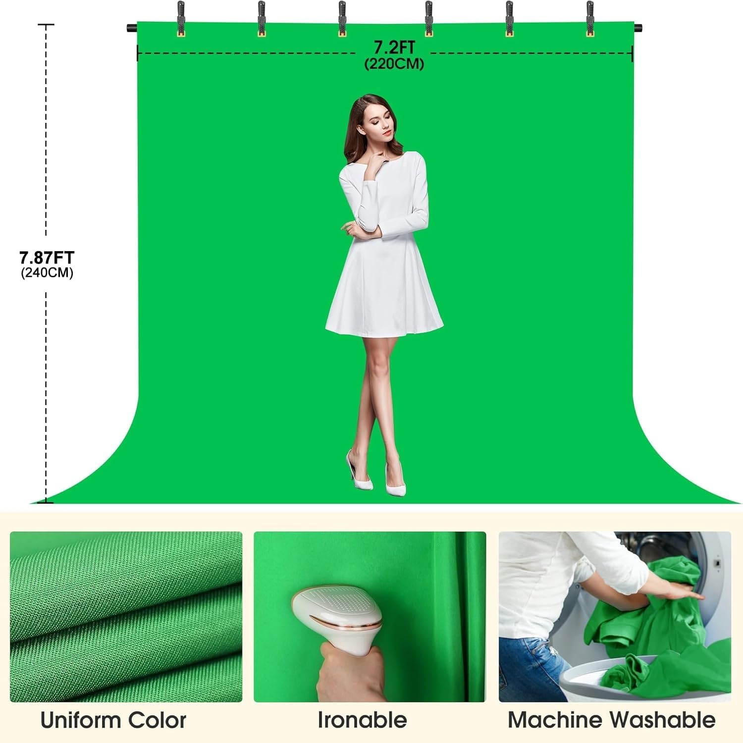 Green Screen Backdrop with Stand, 8x7.2ft Portable Greenscreen Background with Stand, T-Shape Green Screen Stand kit with 6 Spring Clamps, Sandbag, Carry Bag for Zoom, Video