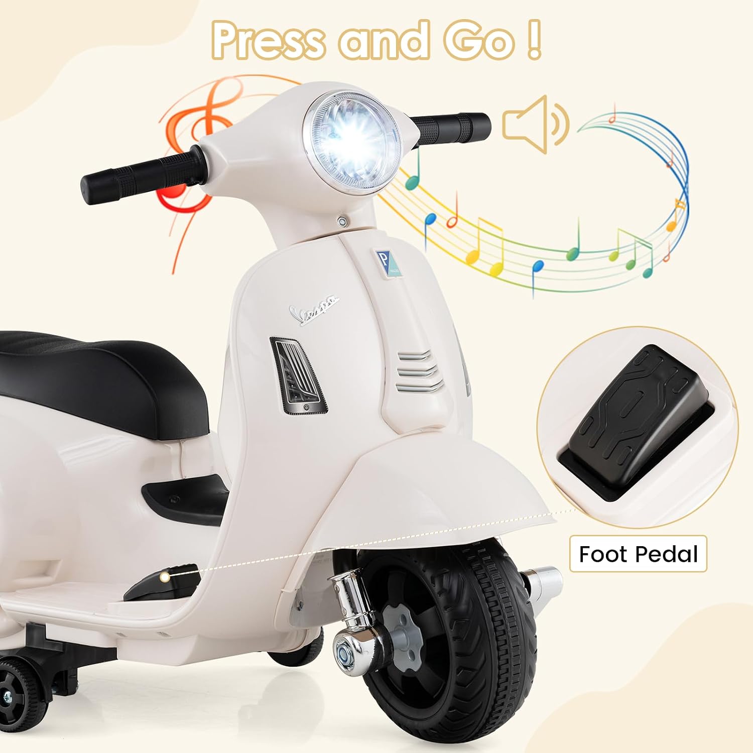 Licensed Vespa Scooter Kids Motorcycle by OLAKIDS, 6V Ride on Electric Motorcycle with Training Wheels, Headlight, Battery Powered 3 Wheels Toy Gift with LED Headlight Horn for Boys Girls (White)
