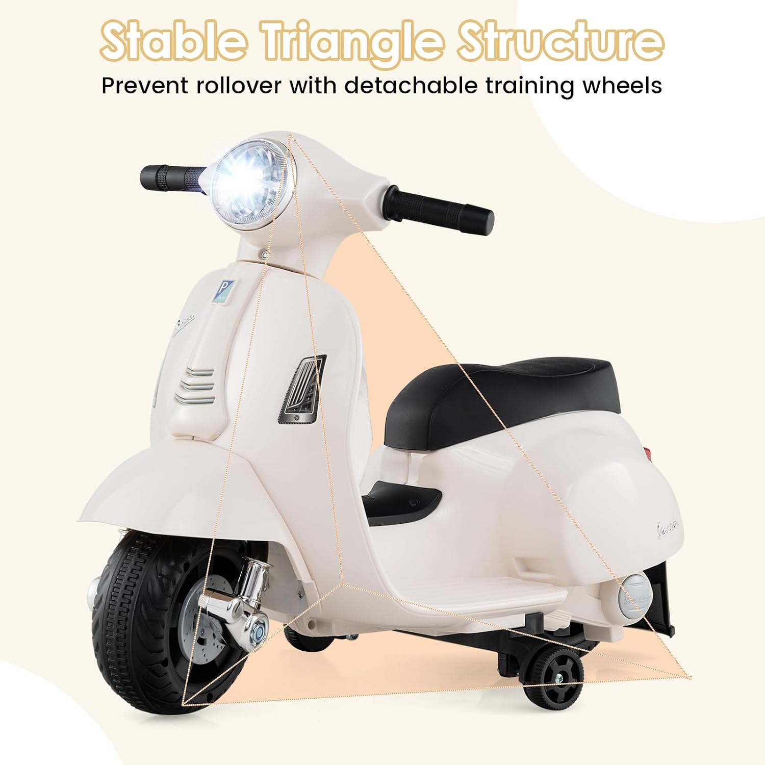 Licensed Vespa Scooter Kids Motorcycle by OLAKIDS, 6V Ride on Electric Motorcycle with Training Wheels, Headlight, Battery Powered 3 Wheels Toy Gift with LED Headlight Horn for Boys Girls (White)