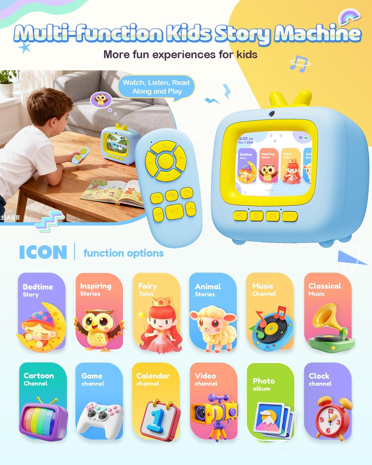 Kids TV Toy with Video Player & 100+ Stories – Toddler Story Machine for 3-8 Year Old Boys Girls, Music Player, Alarm Clock, Games, Christmas Birthday Gift for Kids (Blue)