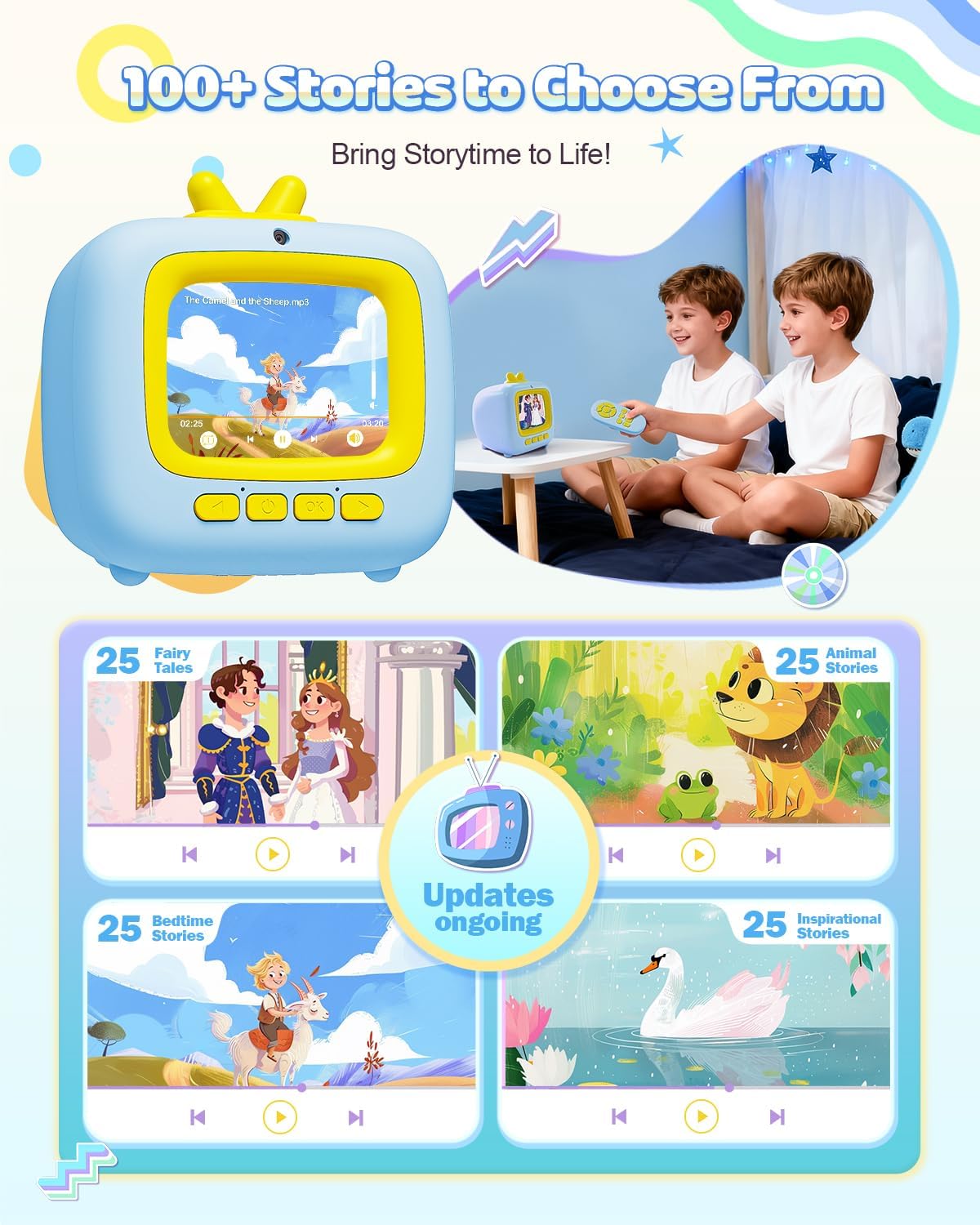 Kids TV Toy with Video Player & 100+ Stories – Toddler Story Machine for 3-8 Year Old Boys Girls, Music Player, Alarm Clock, Games, Christmas Birthday Gift for Kids (Blue)