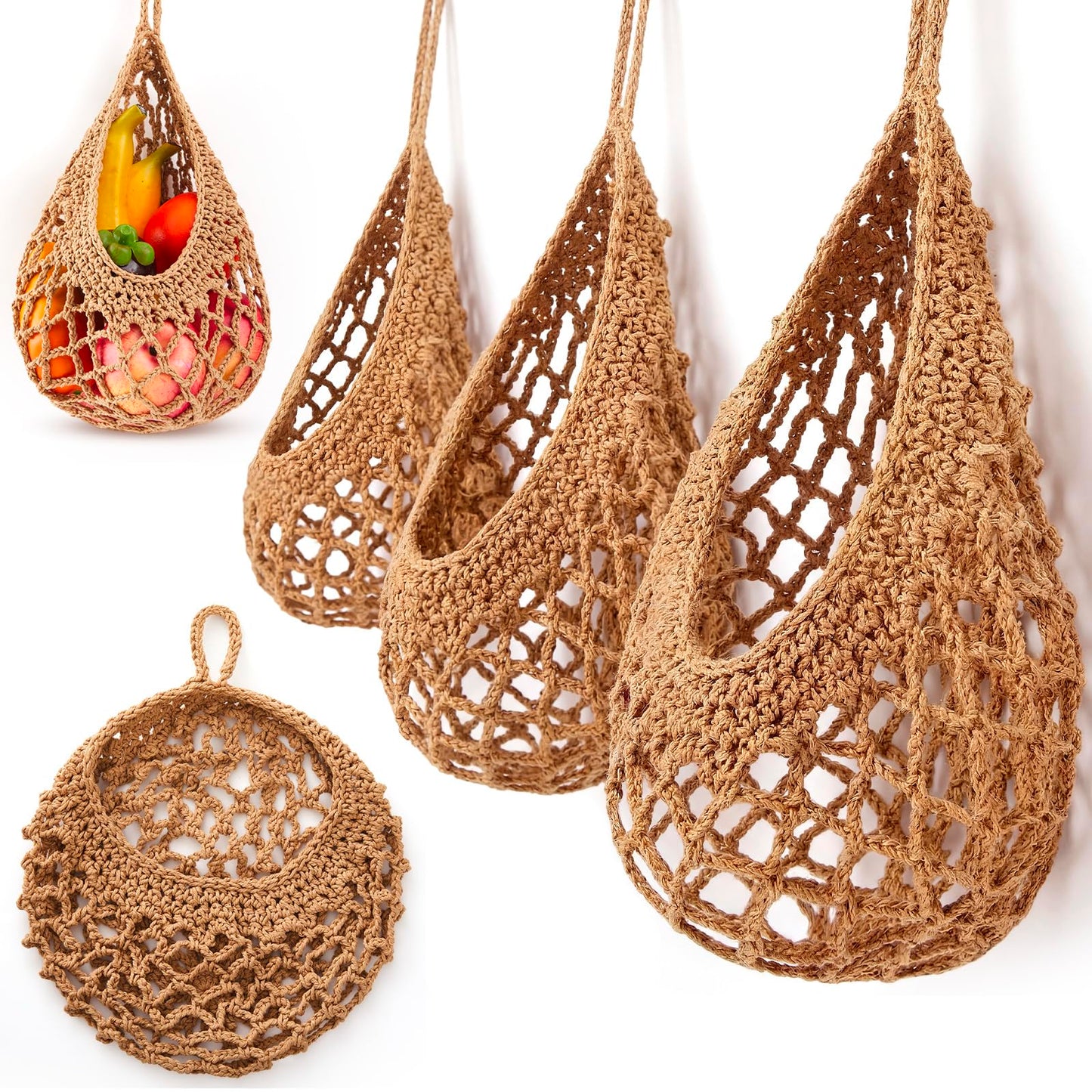 Honeydak Boho Decor Hanging Wall Baskets for Kitchen 3 Pack Teardrop Baskets with Hooks Storage Fruit Onion Vegetable Potato for Home 3 Sizes(Linen,Teardrop,Jute)