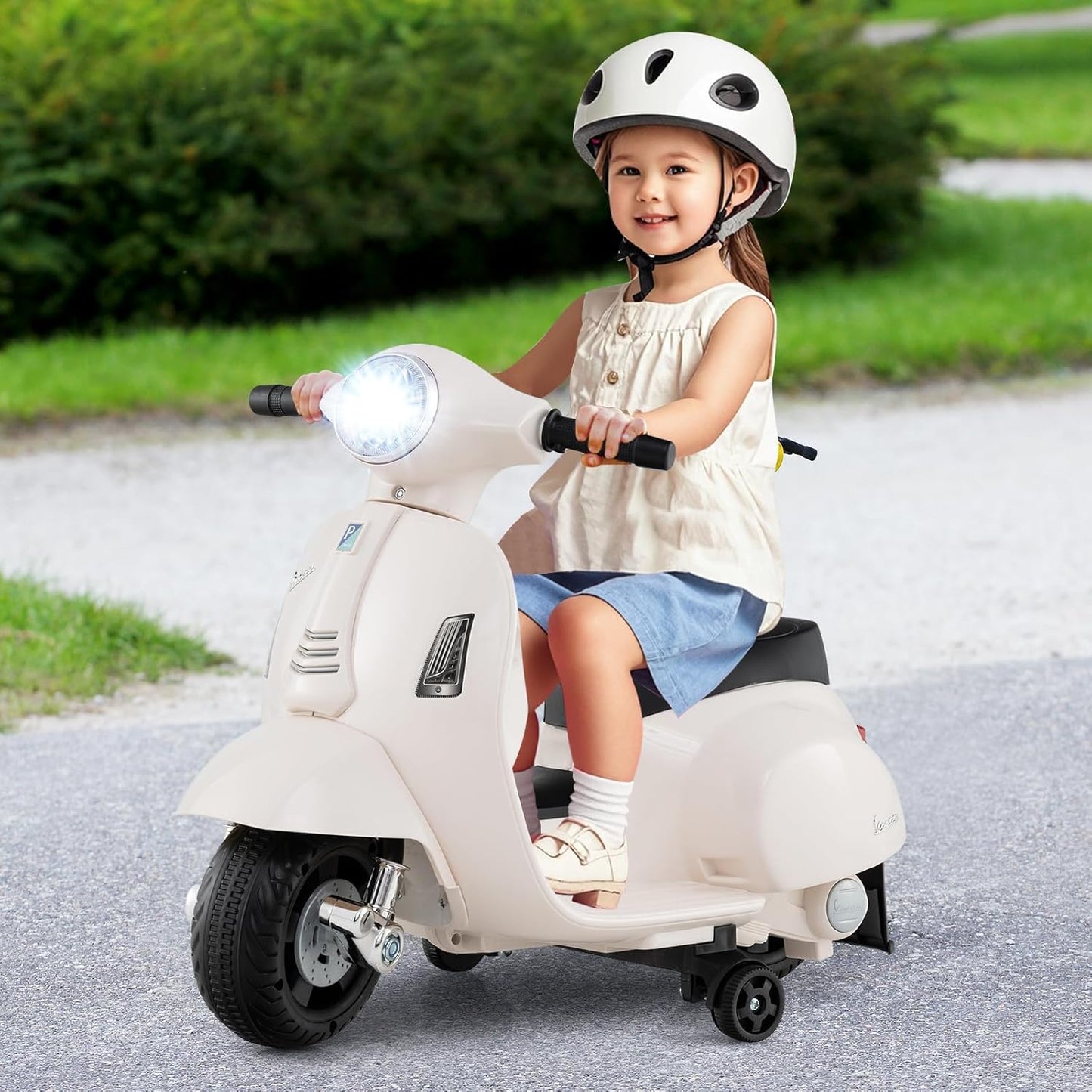 Licensed Vespa Scooter Kids Motorcycle by OLAKIDS, 6V Ride on Electric Motorcycle with Training Wheels, Headlight, Battery Powered 3 Wheels Toy Gift with LED Headlight Horn for Boys Girls (White)